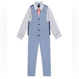 New Boy Izod 4-piece set Light Blue Plaid Vest Pants Plaid Shirt Tie Size 6